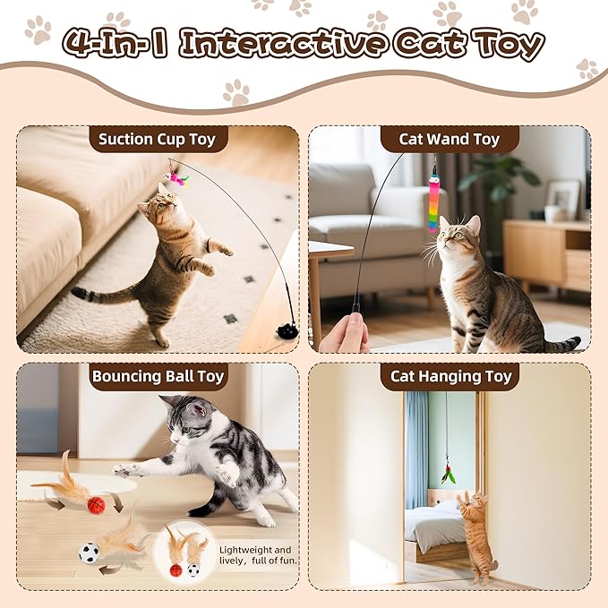 Cat Feather Toys, Enhanced Suction Cup Cat Toys, Interactive Cats Teaser Wand, 10pcs Fishing Pole Feathers Toy Replacements & 2pcs Bouncy Balls, 2 Types Door Hanging Cats String Toy