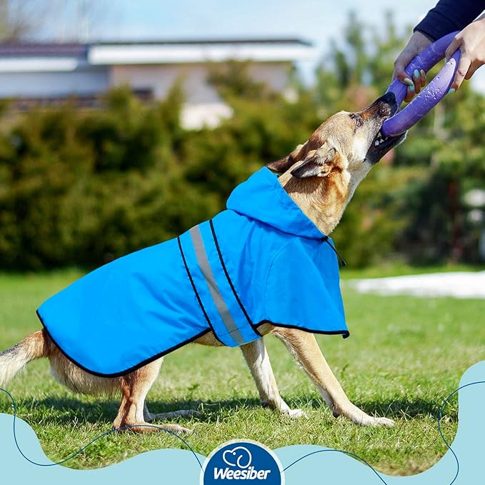 Weesiber Dog Raincoat, Adjustable Dog Rain Jacket Hooded Poncho Slicker, Reflective Pet Rain Coat for Walking (L, Blue)