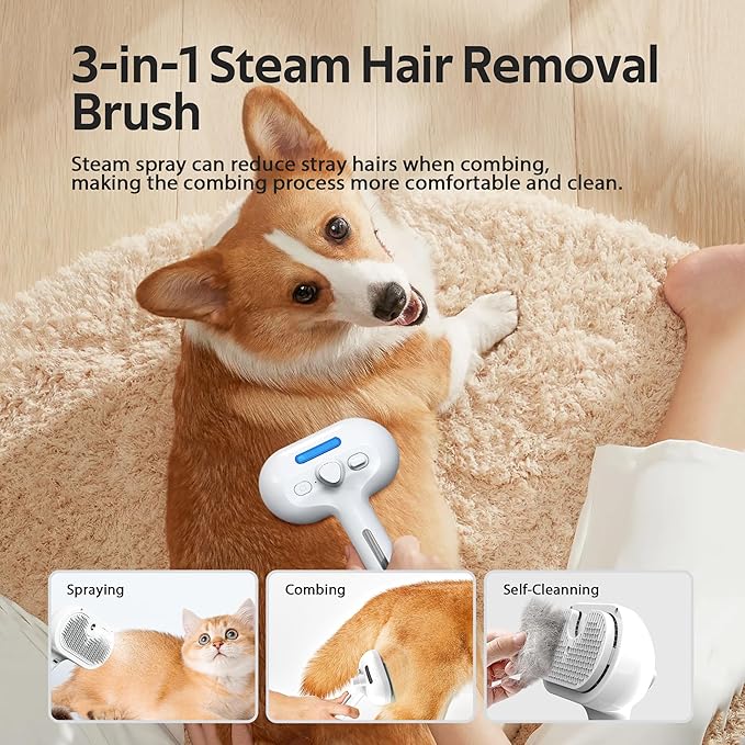 Pet Grooming Brush with Electronic Mist Spray - Gentle Deshedding Tool for Cats & Dogs, Pet Steam Brush,Reduces Shedding, Soft Bristles, Promotes Healthy Coat-Comes with a hair smoothing comb-White