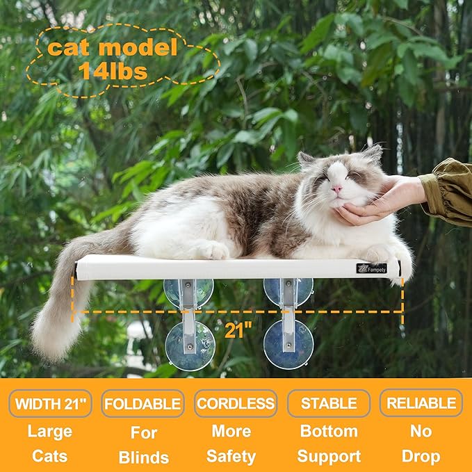 21" Large Cat Window Perch, Foldable & Cordless, Holds Up to 60lbs, Preassembled, 4 Extra Suction Cups, Sturdy Support, Textilene Bed, Easy Clean & Quick Dry - White