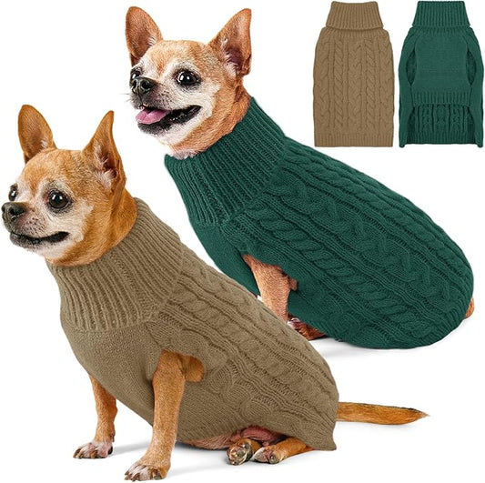 2 Pack Dog Sweaters for Small Dogs Turtleneck Pullover Cable Knit Puppy Stretch Clothes Chihuahua Yorkie Pomeranian Toy Poodle Boy Girl Pets Winter Doggie Clothes (S, Green & Brown)