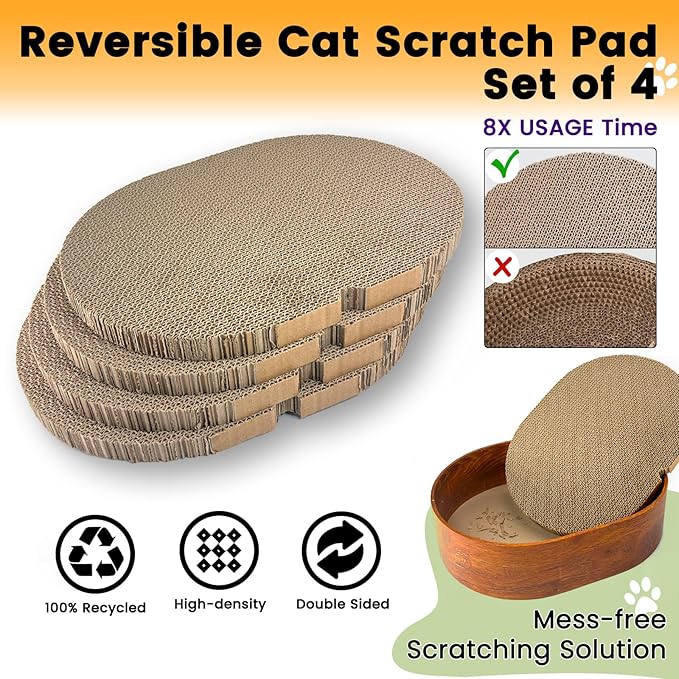 4 Packs Oval Cat Scratcher Cardboard with Box, Cat Scratch Pad for Indoor Cats Lounge Bed - Reversible, Durable Modern Kitty Scratcher Bowl, Furniture Protector for Carpets, Couch and Sofas