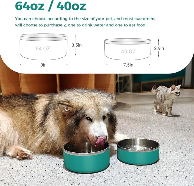 Dog Bowl, Stainless Steel Dog Food and Water Bowl with Non Slip Quiet Bottom, Easy to Clean, Dishwasher Safe, 64oz, Deep Green