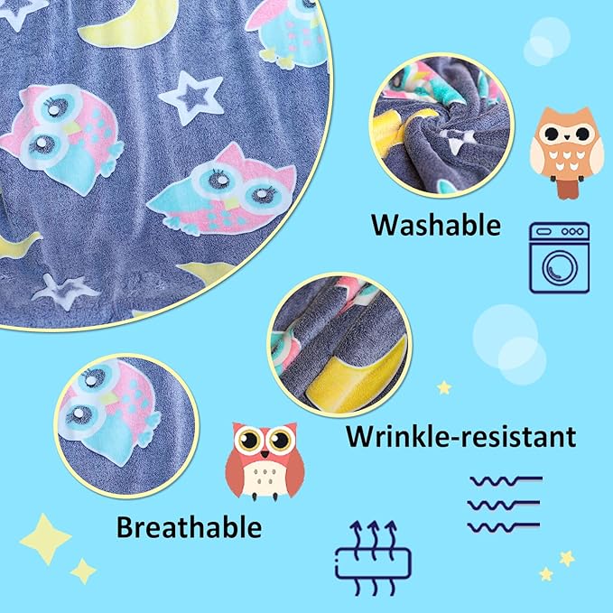 Best Gift Halloween Glow in The Dark Blue Cute Bird Throw Blanket with Storage Bag, Soft Throw Blanket for Boys Girls, Birthday New Year Gift, Kids Blanket, Day Care Home Use, 50"x60" Blue