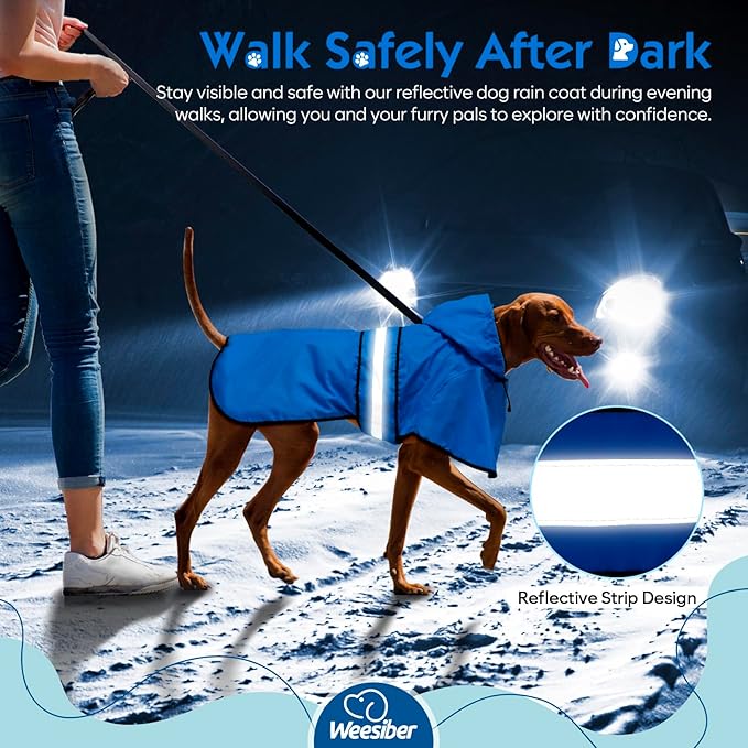 Weesiber Dog Raincoat, Waterproof Dog Rain Jacket with Leash Hole, Hooded Puppy Rainwear Poncho Slicker for Walking (M, Blue)