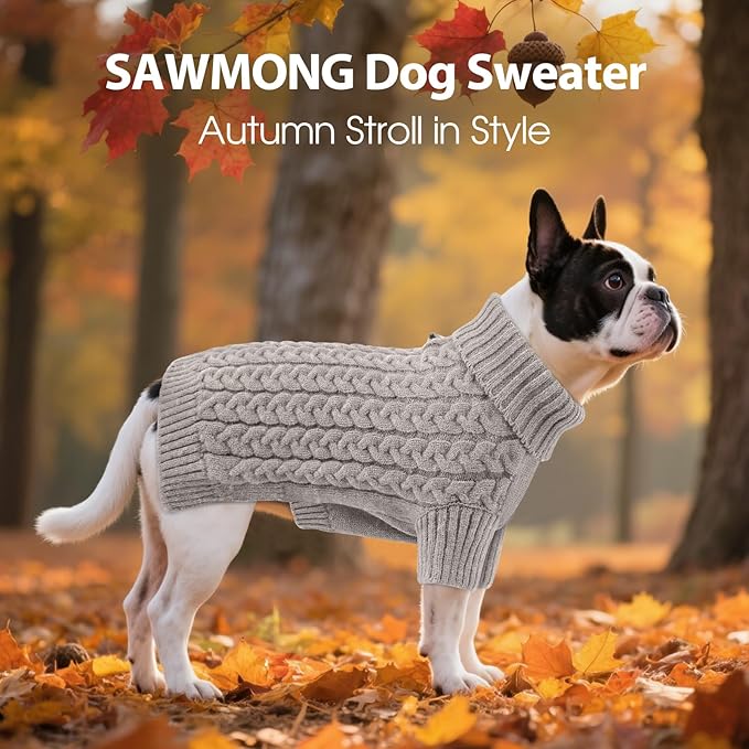 SAWMONG Dog Sweater, Dog Sweaters for Small Dogs Girls Boys, Pullover Turtleneck Knitted Doggy Sweatshirt, Cold Weather Pet Clothes(Grey, Small