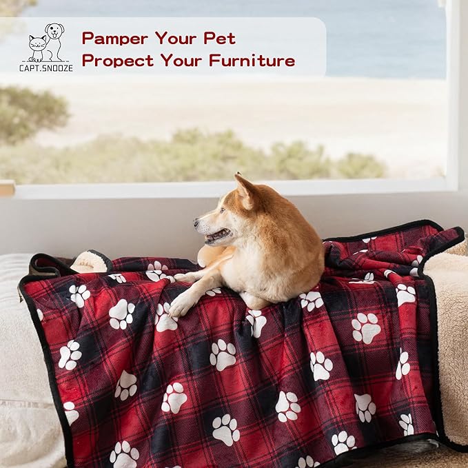 Waterproof Dog Blankets, 30"x40" Cat Blanket for Indoor Cats, Soft Fluffy Sofa Car Bed Protector, Reversible Sherpa Fleece Puppy Blanket for Small Medium Dogs Christmas Decor(Snow Red)