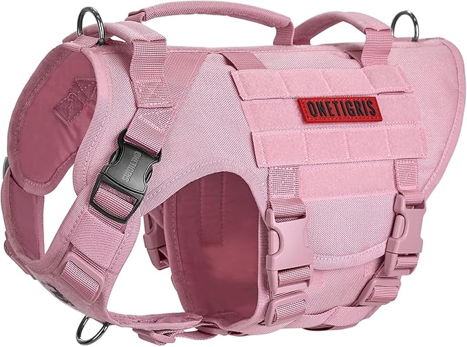 OneTigris Large Tactical Dog Harness, No Pulling Adjustable Dog Vest Harness, Heavy Duty Dog Harness with Handle, Large Hook and Loop Panels for Patch(Pink,L