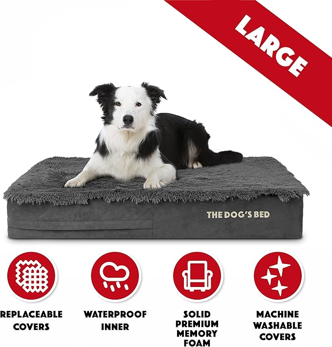 The Dog’s Bed Orthopedic Memory Foam Dog Bed, Large Grey Fur, Pain Relief for Arthritis, Hip & Elbow Dysplasia, Post Surgery, Lameness, Supportive, Calming, Waterproof Cover