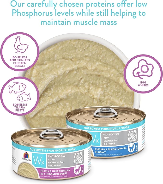 Weruva Wx Phos Focused Tilapia and Tuna Formula in a Hydrating Puree 5.5oz Can, Pack of 8