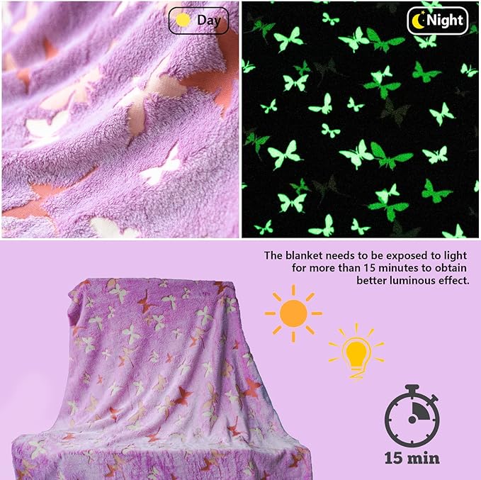 Best Gift Halloween Butterfly Glow in The Dark Throw Blanket with Storage Bag, Best Gift Soft Throw Blanket for Girls Boys, Camping Blanket, Gifts for Children Ages 1-10, Kids Blanket, Purple