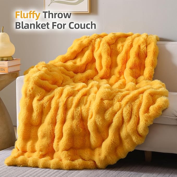 Smoofy Faux Fur Throw Blanket for Couch – Mustard Yellow Fluffy Cozy Rabbit Fleece, Plush Soft Bubble Blanket for Sofa & Bed, for Mom, Warm Fuzzy Home Room Decor Throw 50" x 60"