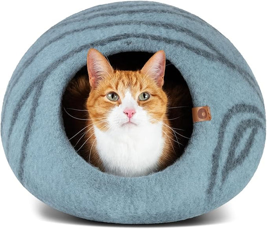 MEOWFIA Cat Cave – Premium Felt Cat Bed for Indoor Cats, Handmade 100% Merino Wool (Aquamarine, Medium)