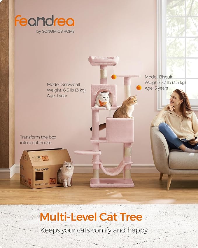 Feandrea Cat Tree, 61-Inch Cat Tower for Indoor Cats, Plush Multi-Level Cat Condo with 5 Scratching Posts, 2 Perches, 2 Caves, Hammock, 2 Pompoms, Jelly Pink UPCT192P01