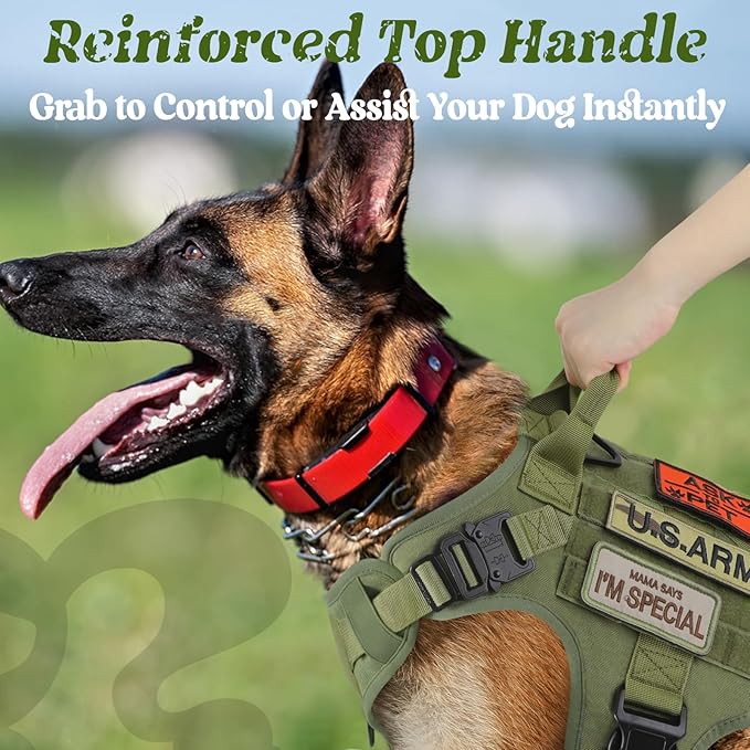 rabbitgoo Tactical Dog Harness Medium Sized, Heavy Duty Pet Harness with Handle, No-Pull Service Vest Medium Breed, Adjustable Military Dog Vest for Training Hunting Walking, Green, M