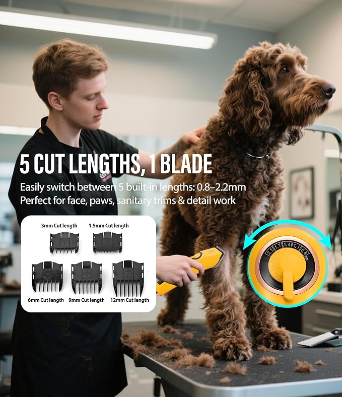 Professional Dog Grooming Clippers with 12H Runtime & Replaceable 440C Blade, 3-Speed Low Noise Electric Dog Shaver for Thick, Matted, Curly Hair, Cordless Clipper for Groomer & Home Use, Yellow