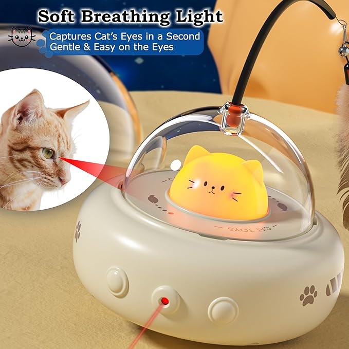 hooroor Laser Cat Toy for Indoor Cats,2 in 1 UFO-Vehicle Automatic Motion with Feather,Rechargeable Electronic Smart Sensor,Interactive Toys for Bored Cats/Kittens/Dogs,Ideal Gift (White Updated)