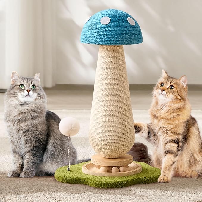21.5โโ H Cat Scratching Post with Catnip,Cute Mushroom Cat Scratcher Post with Durable Natural Solid Wood Turntable Toy, Sky Blue Mushroom Shape Design Cat Toy Cat Sisal Scratcher for Indoor Cats