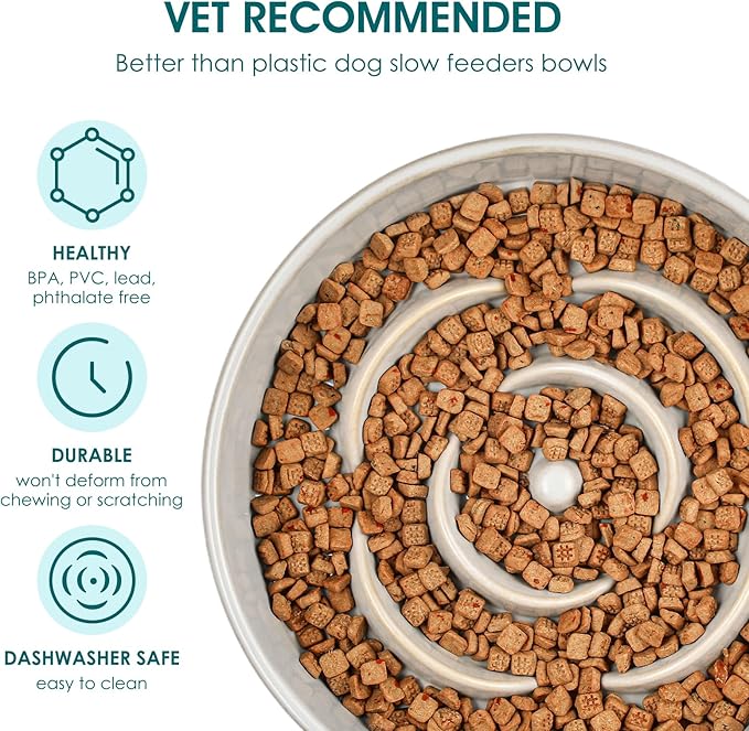 vancasso Slow Feeder Dog Bowl, 0.6 Cups Ceramic Dog Food Dish for Fast Eaters Small Breed, Puzzle Bowl for Small Dogs and Cats, Light Gray