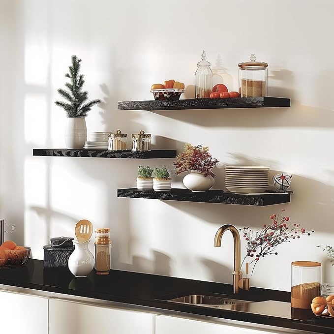 24 Inch Black Wood Floating Shelves for Wall Rustic Wall Shelf for Bedroom Living Room Set of 4