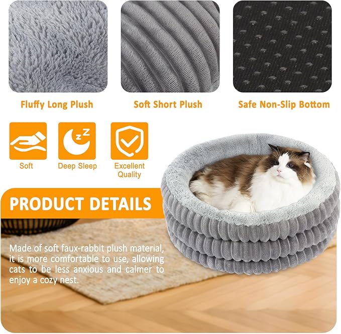 Cat Bed, 20’’ Round Donut Fluffy Cat Beds for Indoor Cats and Small Dogs, Washable Deep Sleep Calming Pet Bed Kitten Bed