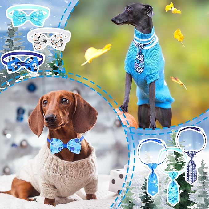 Eccliy 50 Pcs Winter Dog Collar with Bow Christmas Dog Ties Adjustable Cat Bow Ties Neckties Set Snowman Snowflake Bowties Pet Collar for Decoration Supplies