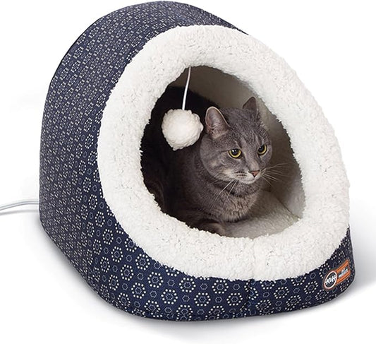 K&H Pet Products Thermo-Pet Cave Heated Cat Bed for Large Cats, Indoor Heated Warming Bed for Dogs & Cats, Covered Cave Pet Tent, Collapsible, Machine Washable, Safety Listed - 17 X 15 X 13in Navy