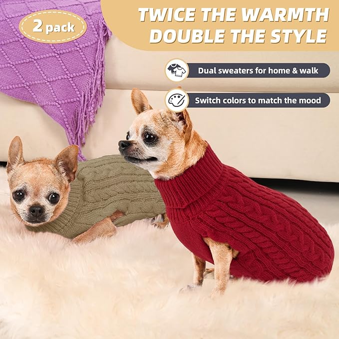2 Pack Dog Sweaters for Small Dogs Turtleneck Pullover Cable Knit Puppy Stretch Clothes Chihuahua Yorkie Pomeranian Toy Poodle Boy Girl Pets Winter Doggie Clothes (XS, Red & Brown)