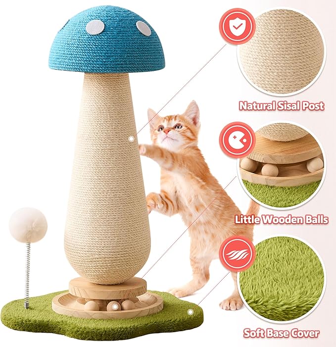21.5โโ H Cat Scratching Post with Catnip,Cute Mushroom Cat Scratcher Post with Durable Natural Solid Wood Turntable Toy, Sky Blue Mushroom Shape Design Cat Toy Cat Sisal Scratcher for Indoor Cats