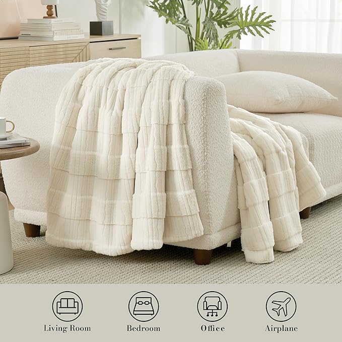 Amélie Home Luxury Striped Faux Fur Throw Blanket for Couch, Soft Cozy Fuzzy Fluffy Soft Plush Blankets Sofa Chair Gift Blankets for Women, 55"x70", Ivory