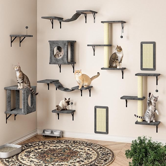 NUNU LAB Cat Wall Shelves, 10-in-1 Wall-Mounted Cat Furniture Set, Large Cat Climber Set with House, Bridge, Steps, Scratcher, DIY Playground, Shelves for Indoor Wall Furniture Set - Gray
