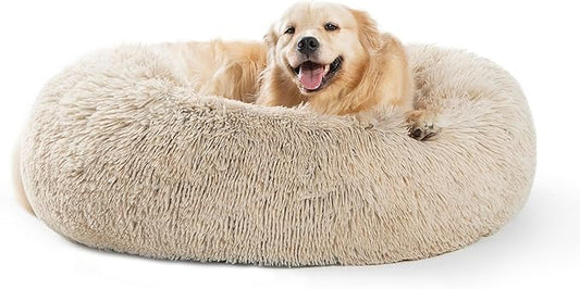 SAVFOX Calming Dog Bed, Anti-Anxiety Donut Dog Bed, Plush Faux Fur, Large Size, 36"x36", 10" Thick, Durable Construction, Machine Washable