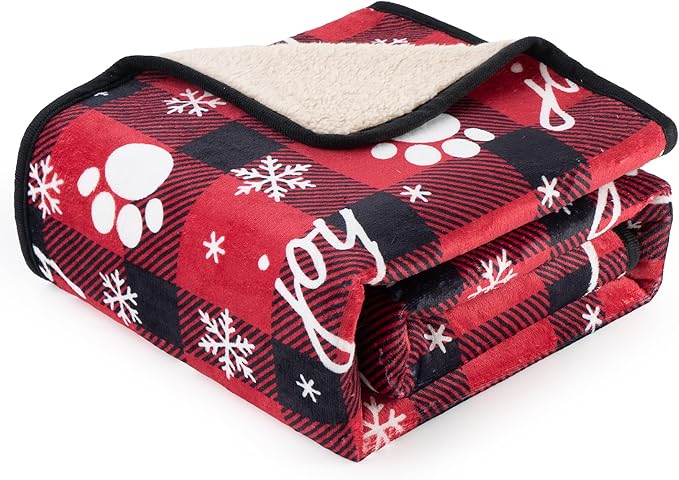 Waterproof Dog Blankets Pet Blanket 50"x60", Soft Fluffy Sofa Car Bed Protector, Reversible Sherpa Fleece Dog Blanket for Large Dogs Christmas Decor(Snow Red)