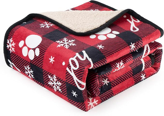 Waterproof Dog Blankets Pet Blanket 50"x60", Soft Fluffy Sofa Car Bed Protector, Reversible Sherpa Fleece Dog Blanket for Large Dogs Christmas Decor(Snow Red)