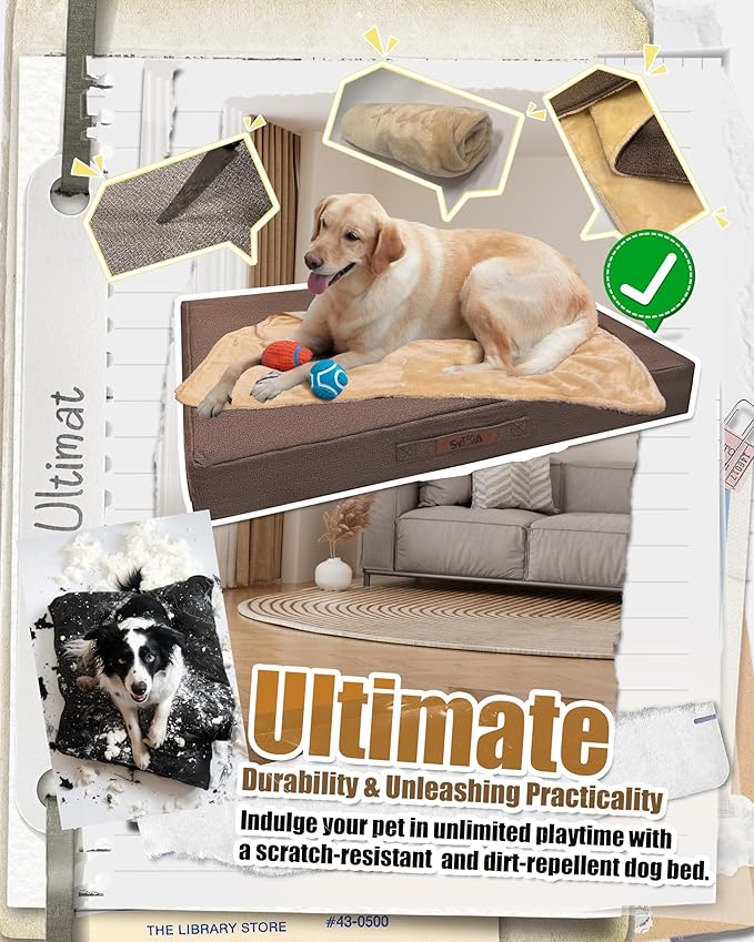 Sytopia 42'' XL Outdoor Indestructible Dog Beds for Extra Large Dogs with Detachable Blanket, Removable Waterproof and Washable Cover, Egg Crate Foam, Include Blanket, Brown
