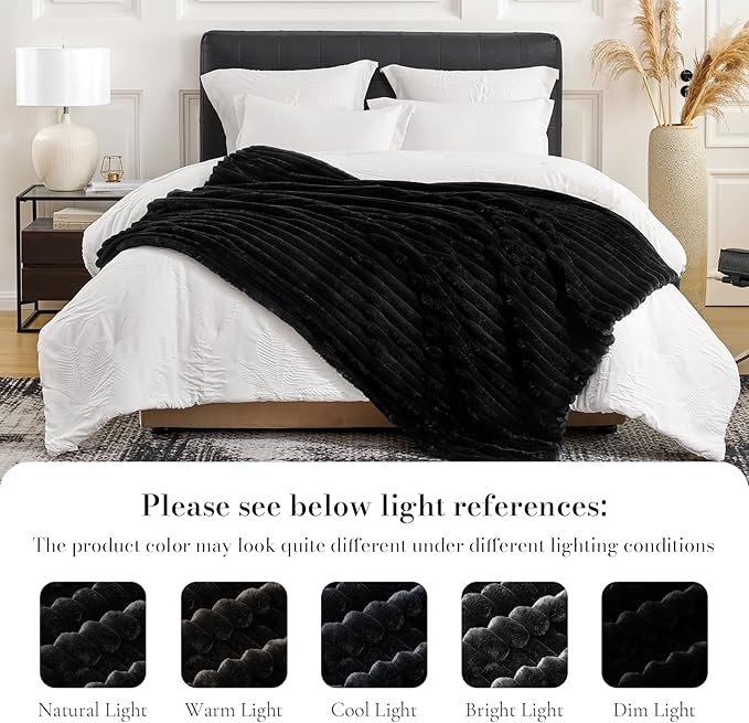 Amélie Home Faux Fur Throw Blanket for Couch, Cozy Fuzzy Fluffy Fur Luxurious Soft Striped Plush Gift Blankets for Family Sofa Chair Bedroom, 55"x70", Black
