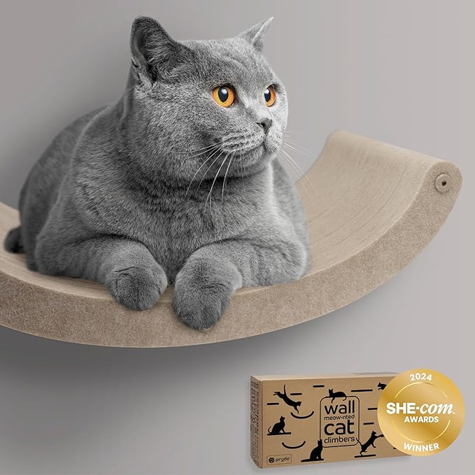 Wall Mounted Cat Hammock Bed by Pryde Pets - Floating Perch Curved Shelf, 100% Sustainable PET Felt Feline Enrichment Climber Furniture for Indoor Cats, Modern Climbing Gym Jungle Design (Oatmeal)