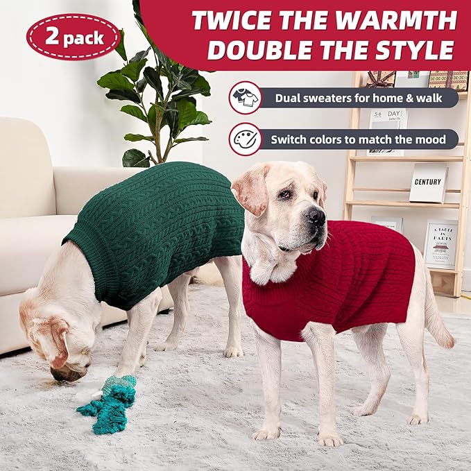2 Pack Dog Sweaters for Big Dogs Turtleneck Pullover Cable Knit Large Size Stretch Clothes Pitbull Labrador Bulldog Doberman Boy Girl Pets Winter Clothes (XXL, Red & Green)