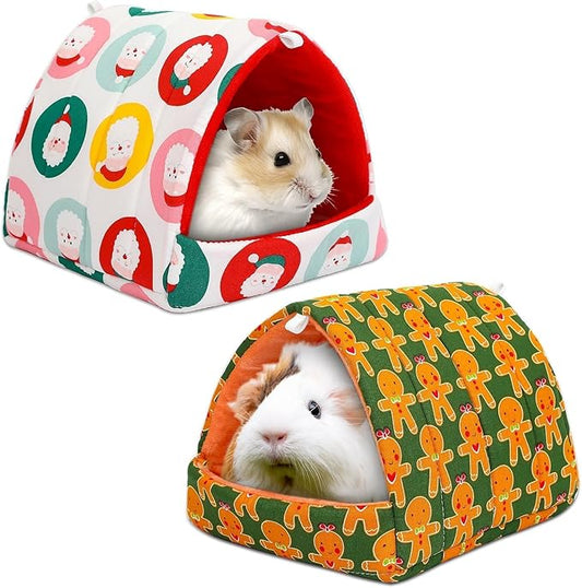 UPINS 2 Pack Christmas Guinea Pig Bed, Guinea Pig Hideout Washable Small Animal House Cage Accessories for Chinchillas Hamsters Hedgehogs Ferrets Bearded Dragons and Rats
