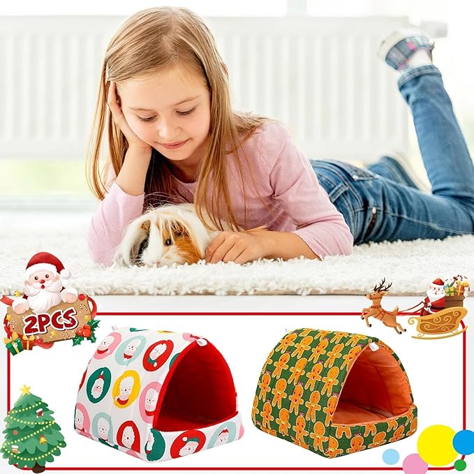 UPINS 2 Pack Christmas Guinea Pig Bed, Guinea Pig Hideout Washable Small Animal House Cage Accessories for Chinchillas Hamsters Hedgehogs Ferrets Bearded Dragons and Rats