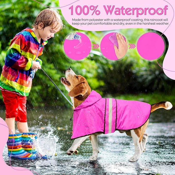 Weesiber Dog Raincoat, Waterproof Dog Rain Jacket Hooded Poncho Slicker, Lightweight Pet Rain Coat for Walking (M, Pink)