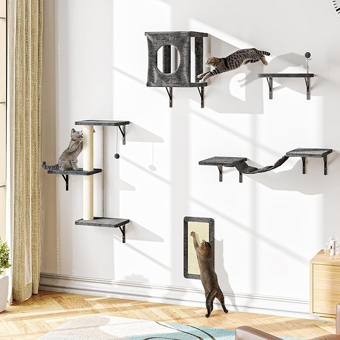 NUNU LAB Cat Wall Shelves, 10-in-1 Wall-Mounted Cat Furniture Set, Large Cat Climber Set with House, Bridge, Steps, Scratcher, DIY Playground, Shelves for Indoor Wall Furniture Set - Gray