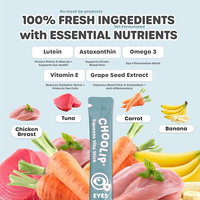 Choolip Squeeze Vita Stick Lickable Cat and Dog Treats – 49-Count Eye Support Sticks with Multivitamins, Soft Squeezable Paste for All Life Stages, Supporting Eye Health