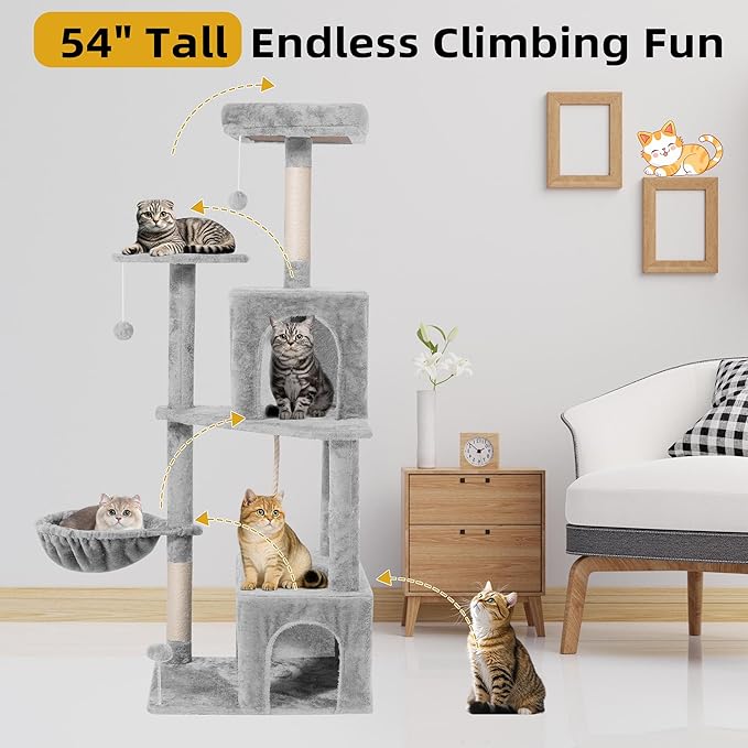 Cat Tree 54-Inch Cat Tower with Padded Plush Perch 2 Comfy Caves, Scratching Posts, Basket, 2 Pompoms, Multi-Level Plush Cat Condo for Indoor Cats Kittens, Light Gray