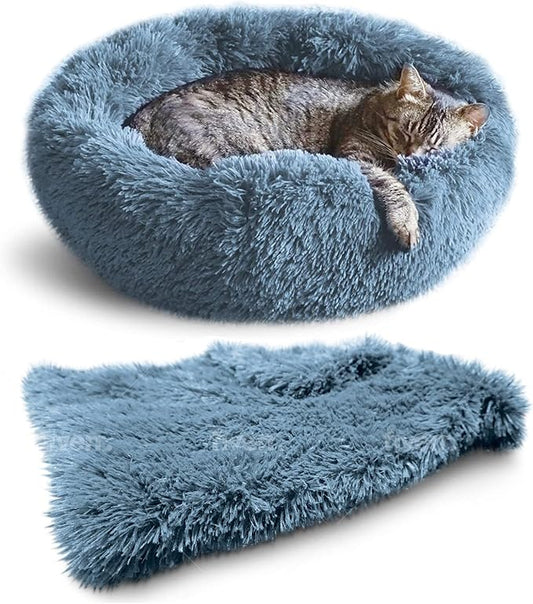 Whiskers & Friends Cat Bed Dog, Cat Beds for Indoor Cats, Orthopedic Soft Fluffy Round Calming Pet Bed for Small to Large Kitty Kittens & Dogs, Small Dog Beds & Furniture - with Blanket
