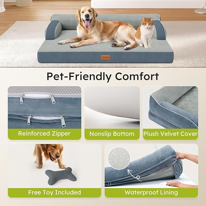 XXL Orthopedic Dog Bed, Big Dog Bed for Large Dogs, Dual-Sided Pet Cooling Beds with Memory Foam Washable Cover Nonslip Bottom, Waterproof Pet Couch with Bolsters, Dark Grey