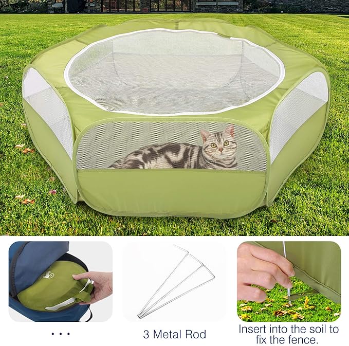 Pawaboo Small Animals Playpen, Waterproof Small Pet Cage Tent with Zippered Cover, Portable Outdoor Yard Fence with 3 Metal Rod for Chick/Kitten/Puppy/Guinea Pig/Rabbits/Hamster/Chinchillas,Green