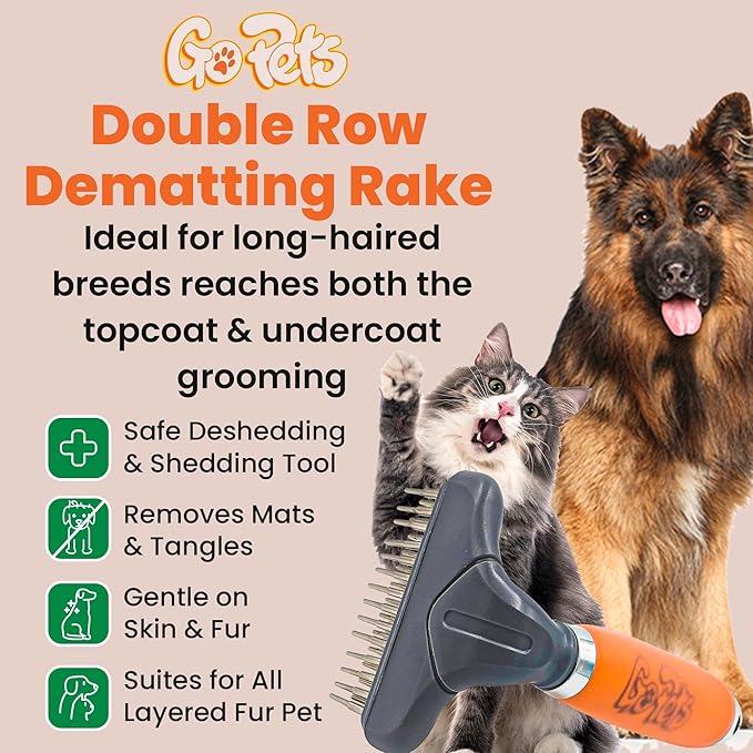 GoPets Double Row Dematting Rake Undercoat Deshedding Tool for Dogs and Cats, Dog Brush for Shedding and Grooming, Long Hair Pet Grooming Brush for Mat Removal, Detangling, and Shedding Control