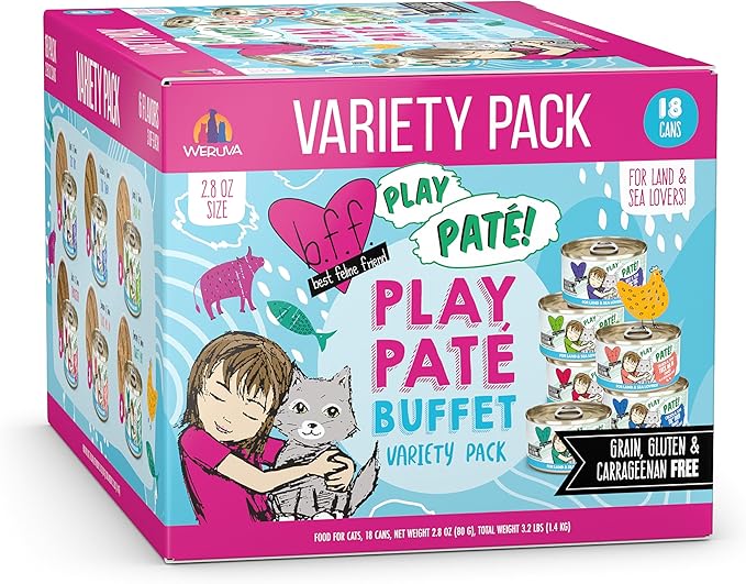 Weruva B.F.F. Play - Best Feline Friend Paté Lovers, Aw Yeah!, Play Paté Buffet Variety Pack, 2.8oz Can (Pack of 18)