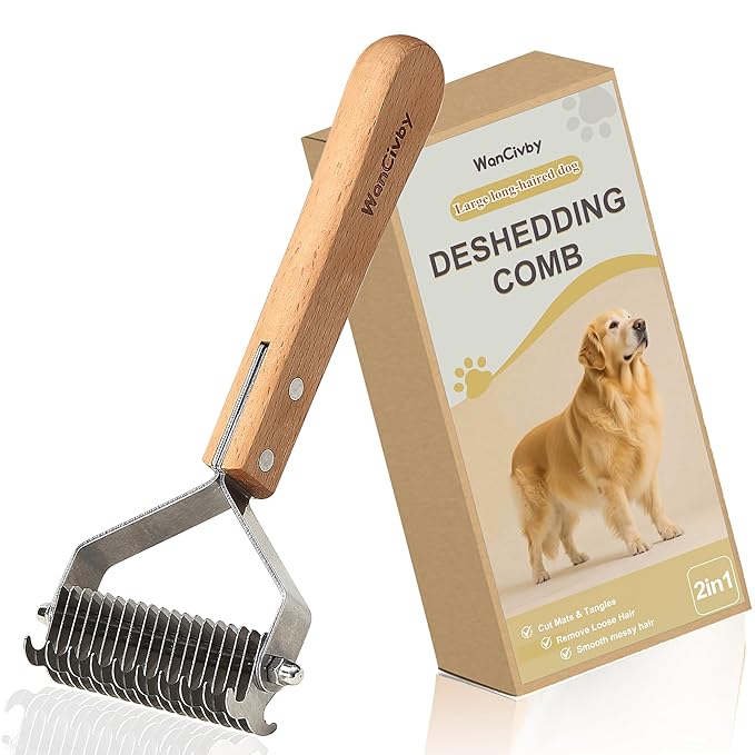 Undercoat Rake for Dogs Brush for cat shedding tool Grooming Comb19Blade Dematting Tool Pet Brush Dual Side Large Medium Small Dogs and Cats Shedding Brush, Premium Wood Handle